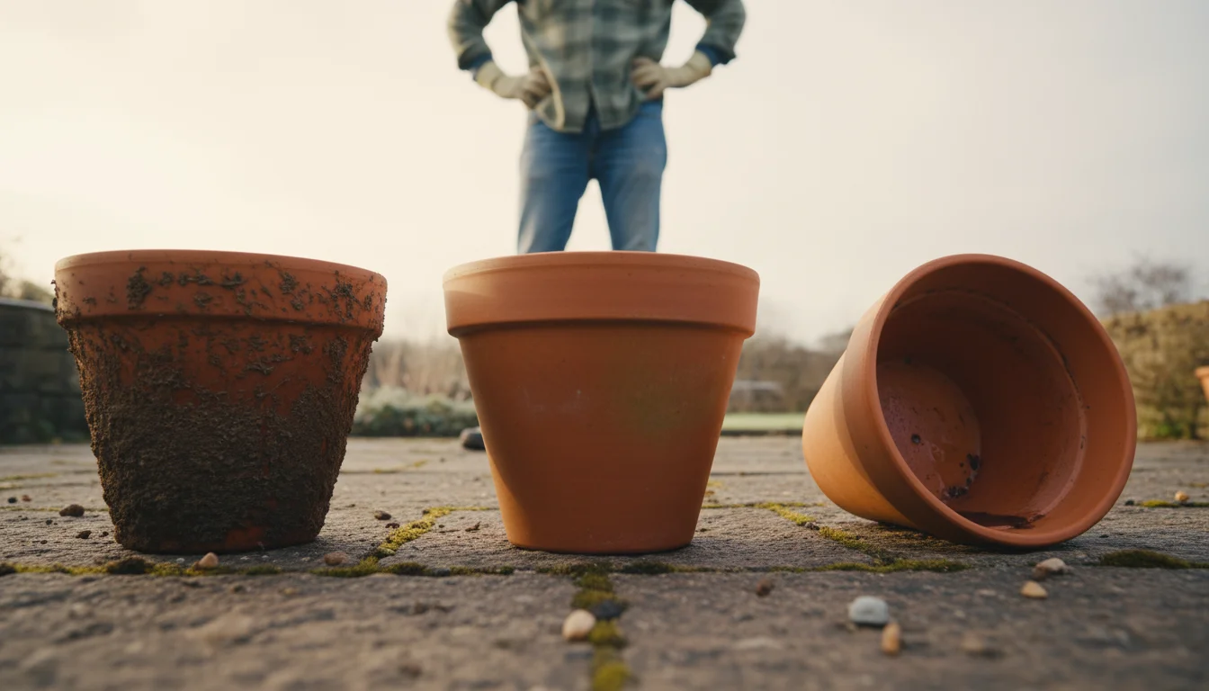 Low-angle view of terracotta pots on a stone patio; one dirty, one clean, one drying. A person contemplates them.