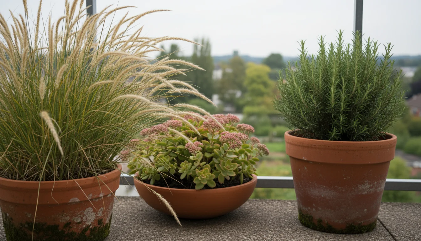 Low-angle view of three pots on a balcony: Karl Foerster grass, sedum, and rosemary, against an overcast sky.