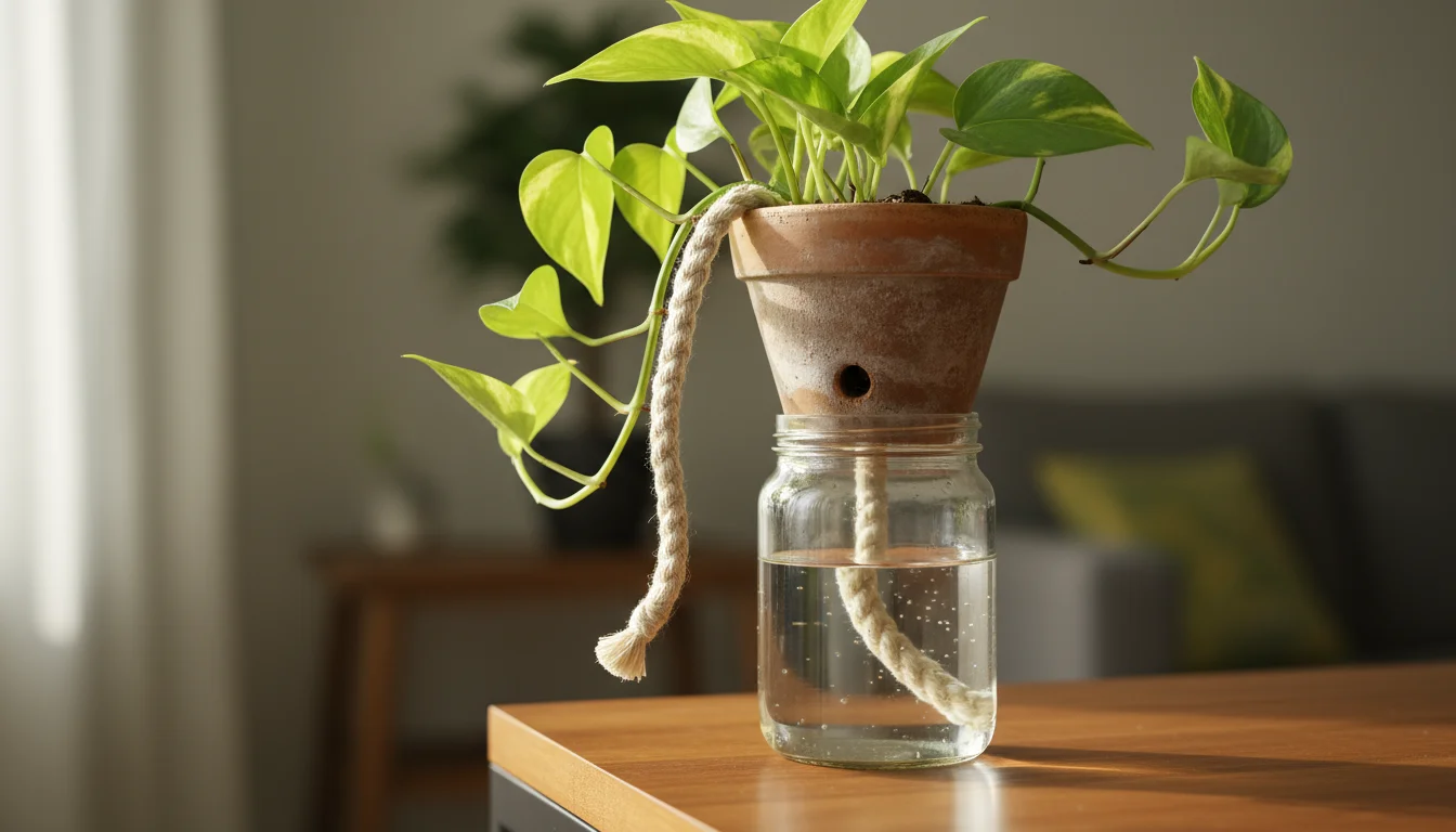 A slightly low-angle view of a thriving Pothos plant in a terracotta pot with a cotton wick feeding into a clear glass water reservoir on a windowsill