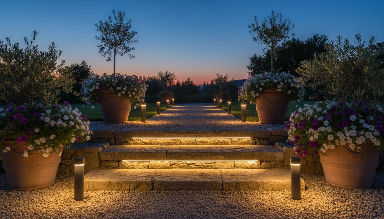 Low-angle view of two illuminated garden steps and a gravel path at twilight, framed by container plants, ensuring safe passage.