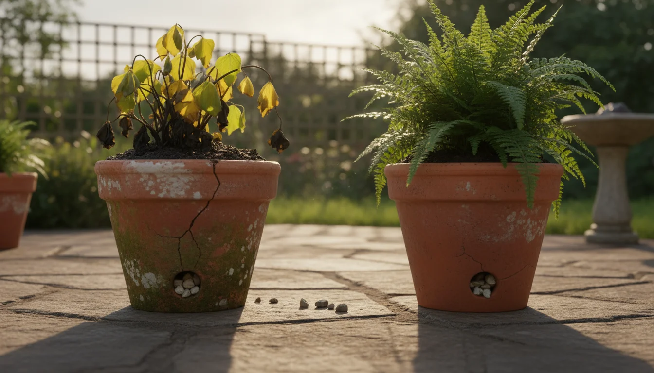 Low-angle view of two terracotta pots: an old one with a droopy, yellow plant and visible gravel in its drain hole, beside a new one with a screen.