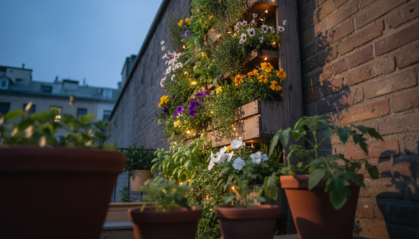Low-angle view of a vertical planter filled with herbs and flowers, illuminated by warm LED string lights draped across it on a small patio at dusk.