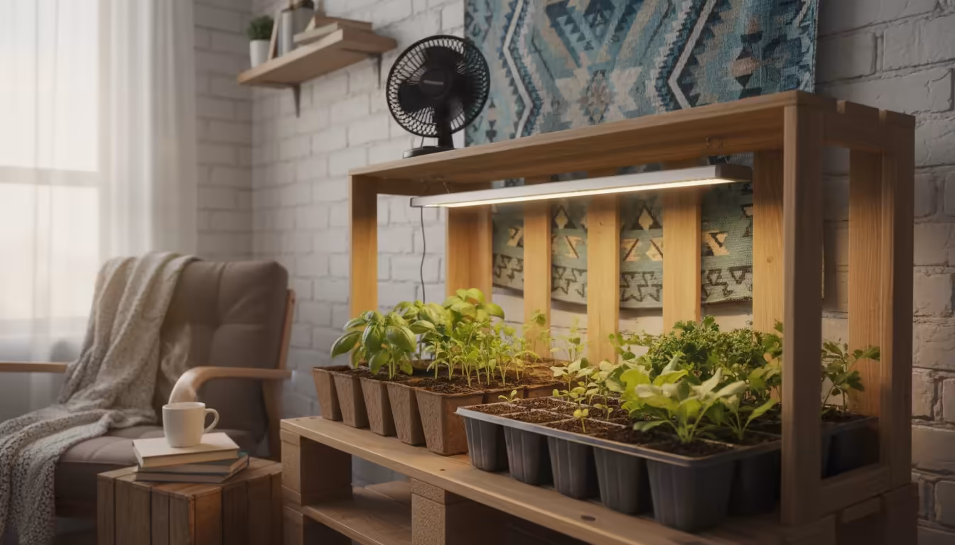 Low-angle shot of vibrant green seedlings thriving under an LED grow light and small fan in a compact apartment seed-starting setup.