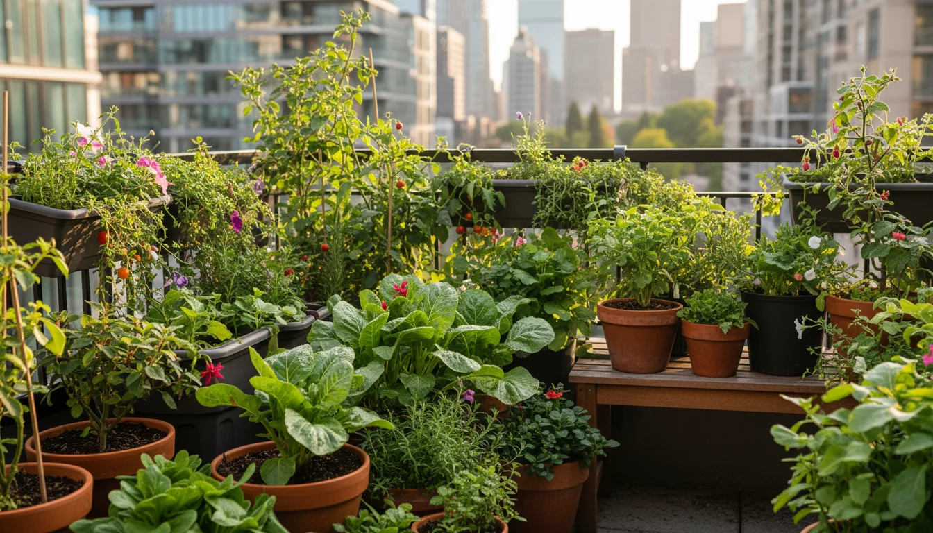A low-angle view of a vibrant, healthy urban balcony garden with diverse containers and lush, well-mulched plants.