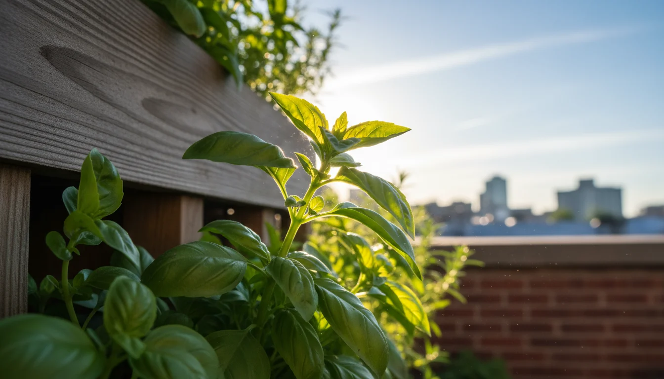 Close-up, slightly low-angle view of vibrant new basil leaves unfurling in a vertical wooden planter, backlit by warm morning sun, with a hand reachin