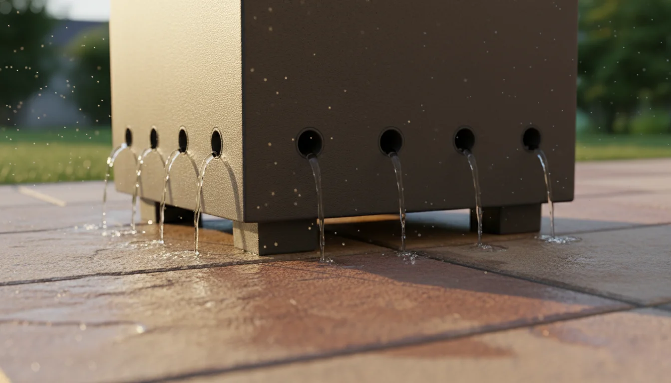 Low-angle view of water actively draining from multiple holes at the base of a grey patio container onto pavers, with discarded terracotta shards near