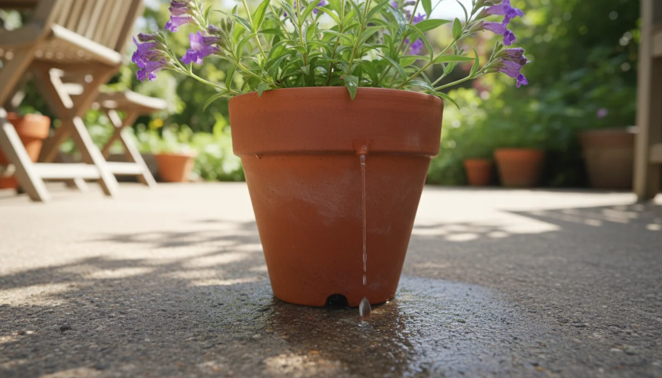 Close-up, low-angle photo showing water dripping from the drainage hole of a terracotta pot holding a healthy native plant on a patio.