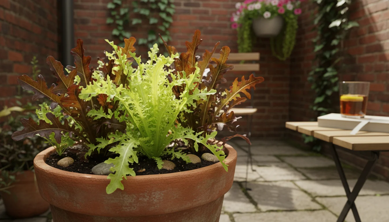 A low-angle view of a weathered terracotta pot on an urban patio, brimming with a vibrant mix of 'Black Seeded Simpson', 'Red Salad Bowl', and 'Grand 