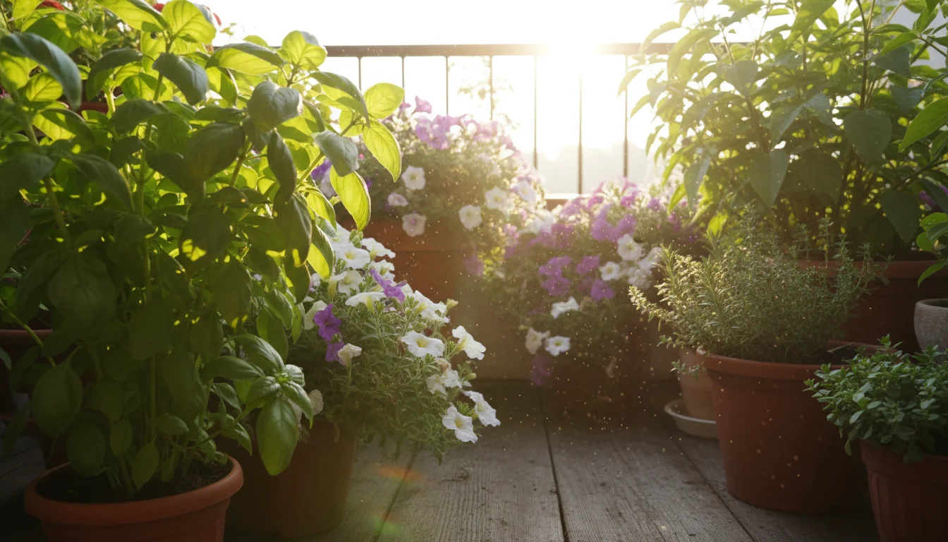 Low-angle view of well-spaced container plants on a sunny balcony, light filtering through leaves. A hand lightly prunes an herb.