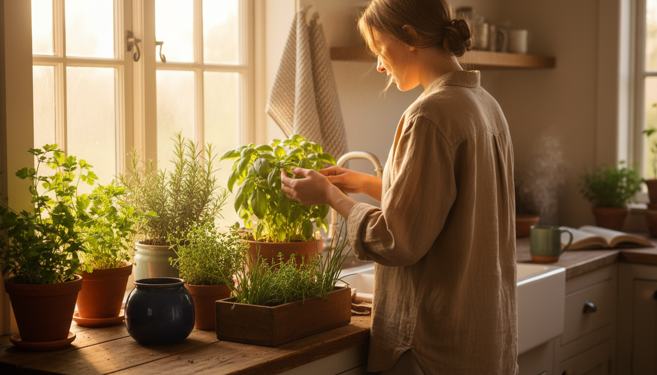 A hand gently tilts a basil plant with yellow leaves in a terracotta pot on a sunny balcony, inspecting its overflowing drainage saucer.