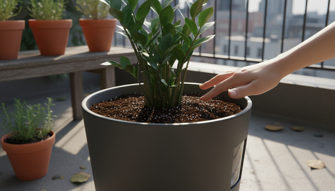 Hands add chunky potting mix to a terracotta pot, clearly showing the large, empty drainage hole at the bottom.
