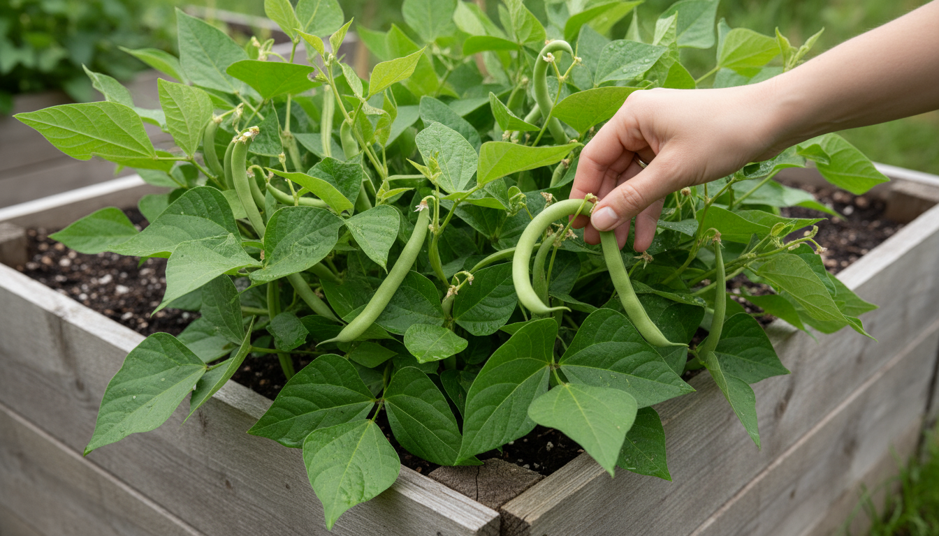 A close-up, low-angle shot of a hand gently harvesting fresh salad greens from a ceramic container on a sun-dappled patio.