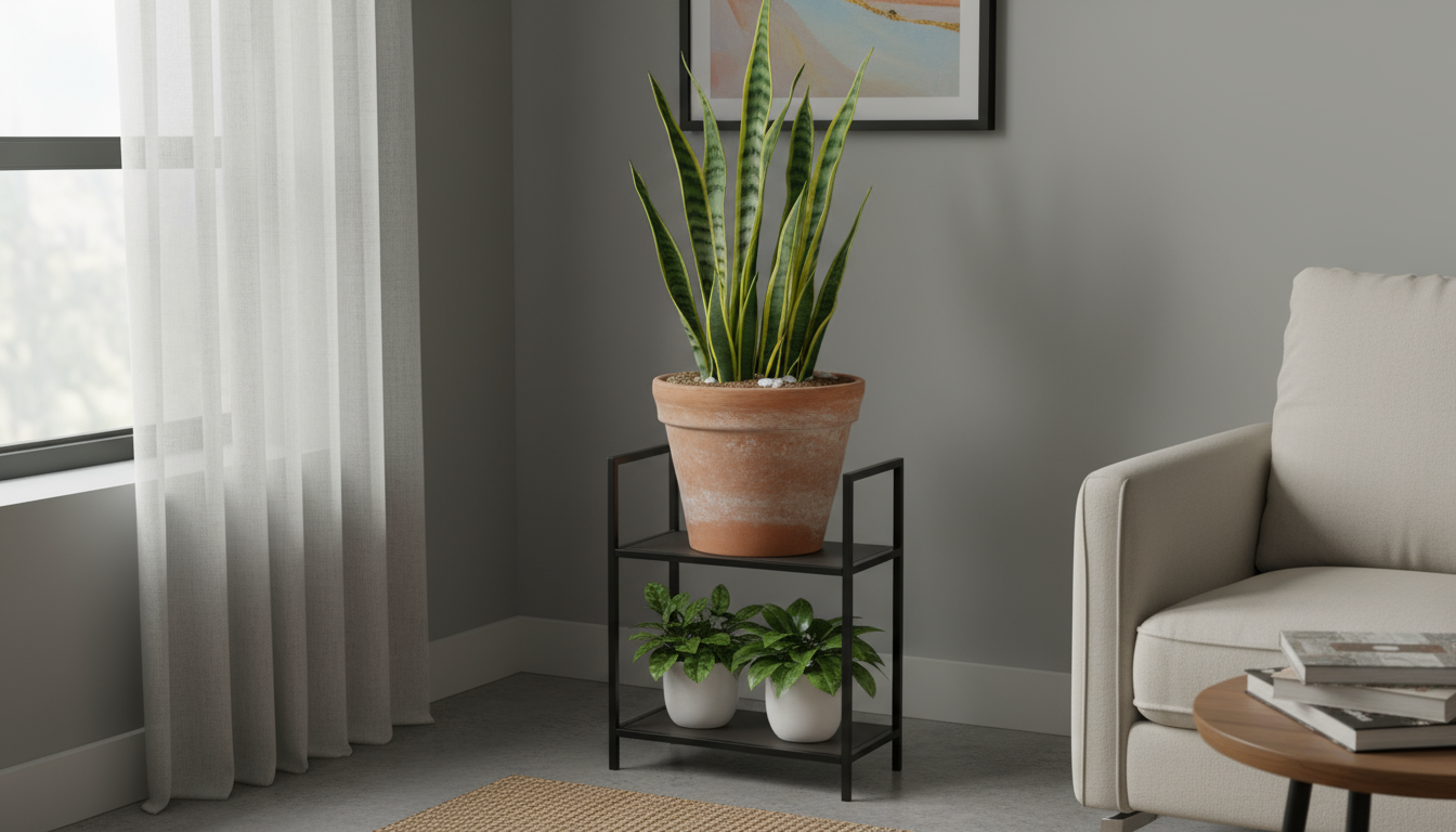 Robust Cast Iron Plant in a dark grey concrete pot on a shaded urban balcony, showing its stiff, upright dark green leaves.