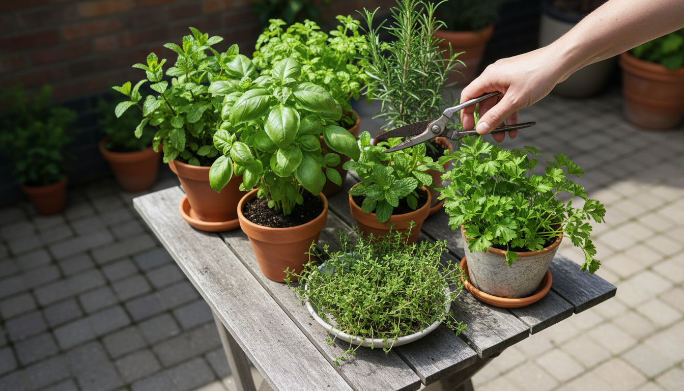 Close-up of a terracotta pot's base on a balcony deck, showing clear drainage holes, subtly elevated on pot feet, with healthy soil and plant.