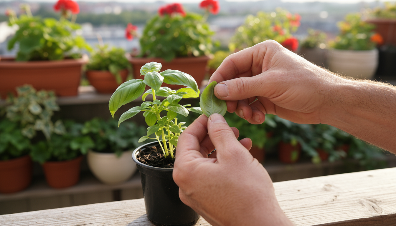 Hands carefully wrapping a terracotta pot with a rosemary plant in burlap on a balcony, with other grouped pots nearby, for winter protection.