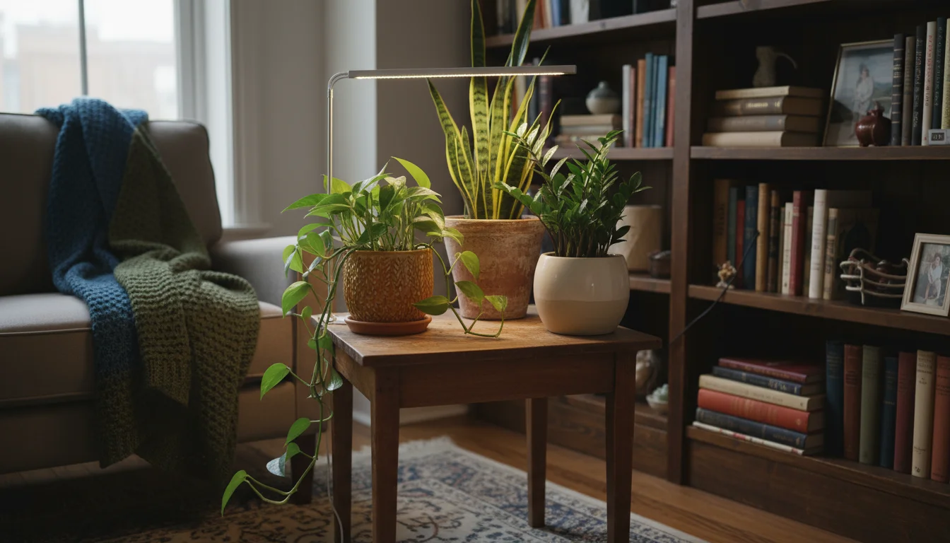 Low-light tolerant plants like Pothos, ZZ, and Snake Plant in pots on a wooden table with a subtle LED grow light.