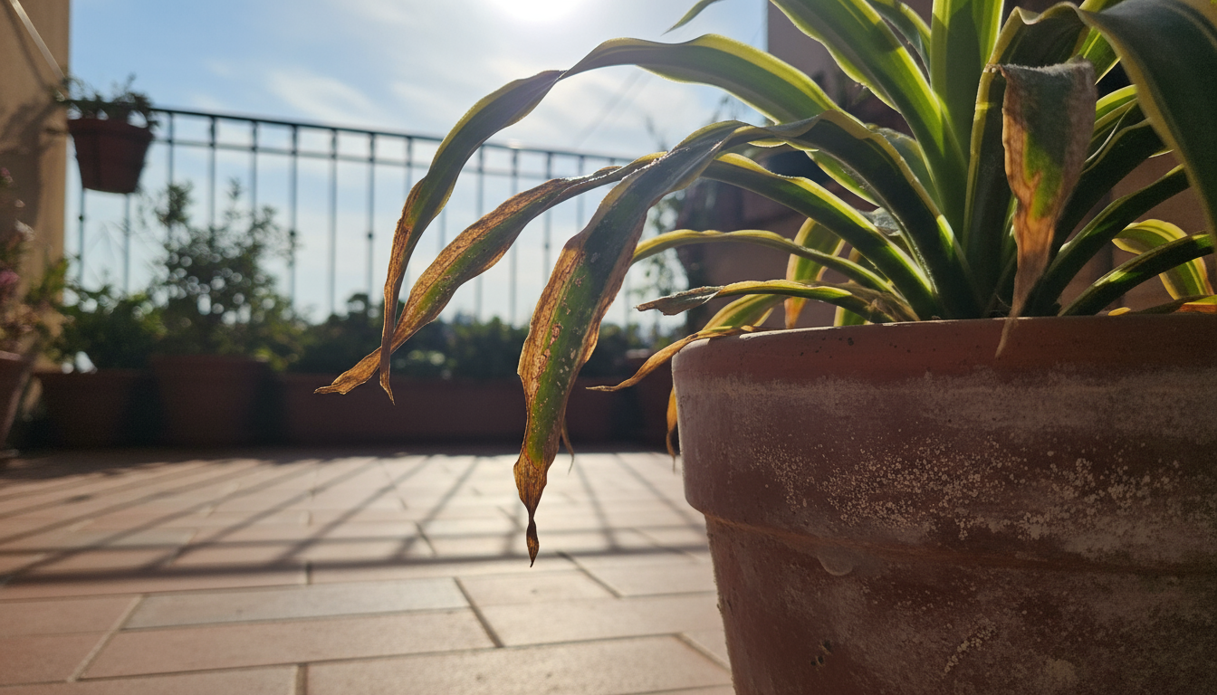 A person's hands gently water a leafy houseplant in a terracotta pot on an urban balcony, while the other hand tests the soil of an adjacent potted pl