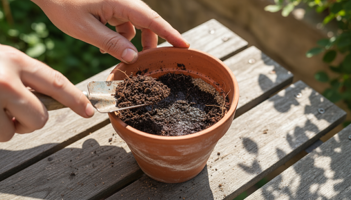 A person gently removes a yellowed leaf from a potted basil plant on a rustic stool on a sunlit balcony, surrounded by container plants.