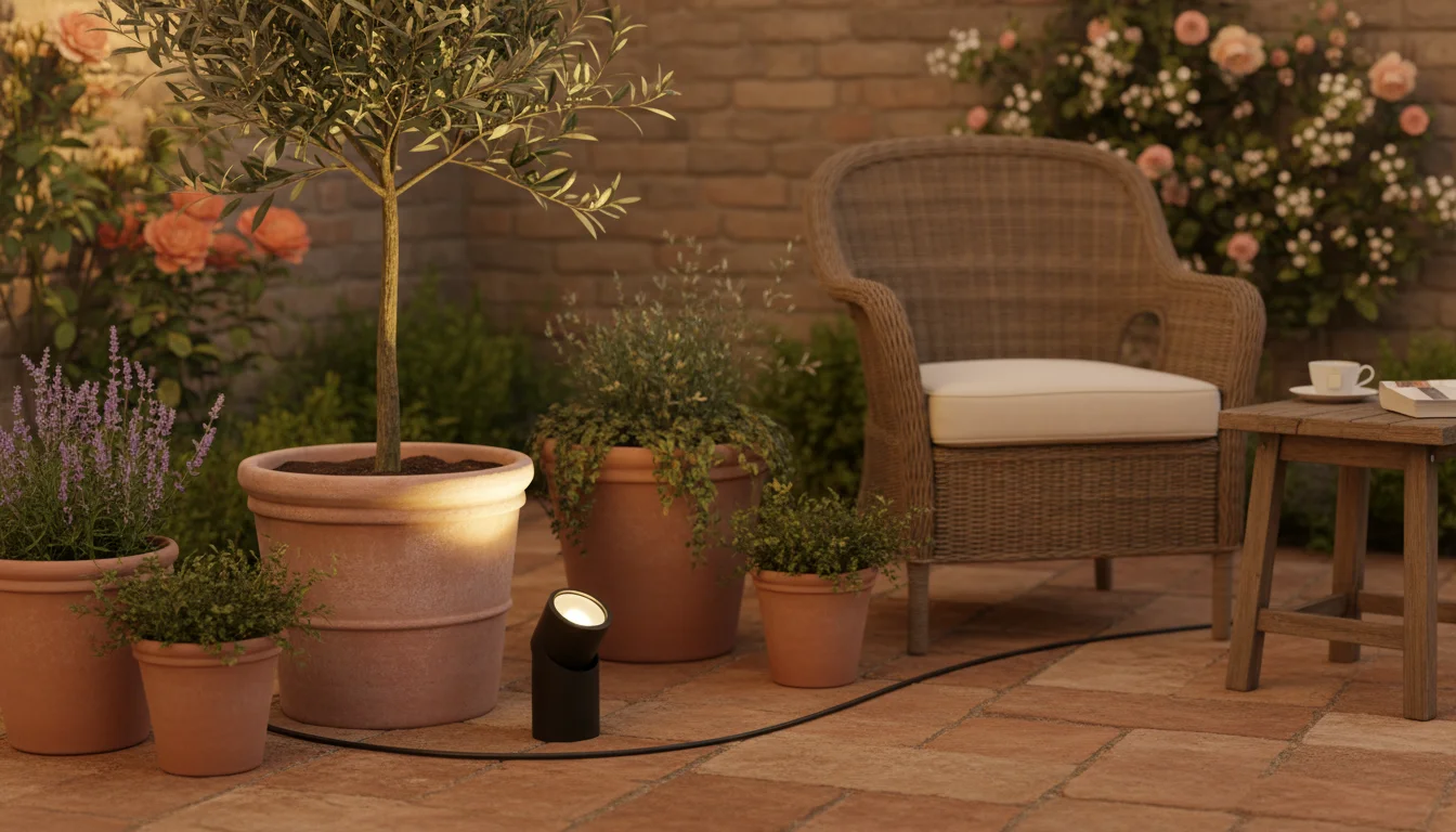 Low-voltage spotlight illuminates an olive tree in a pot on a small patio at golden hour, with wiring visible along the patio floor.