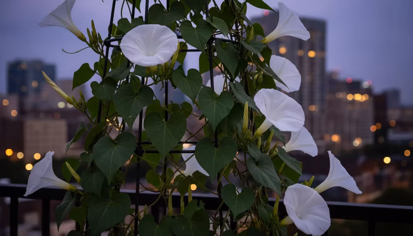 Luminous white Moonflower blooms unfurling on a vigorous vine climbing a dark trellis on an urban balcony at deep twilight.