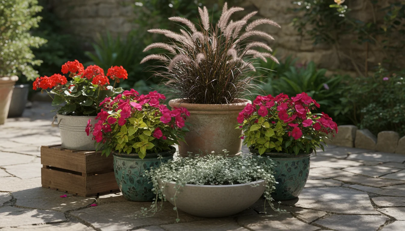 A lush, artfully grouped display of five container plants on a stone patio, showcasing varied heights, colors, and trailing foliage.