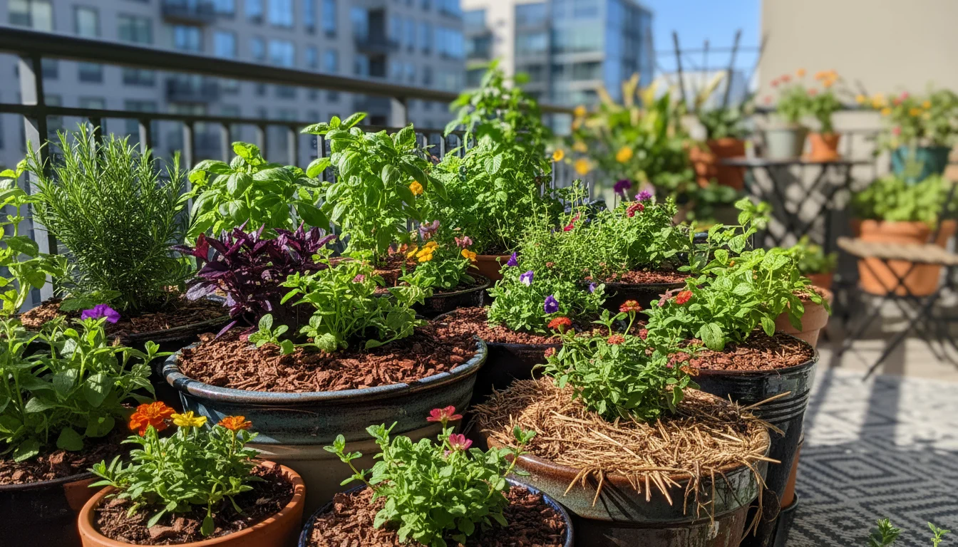 Lush balcony container garden with closely grouped, mulched pots and a subtle rainwater collection jug, demonstrating water conservation.