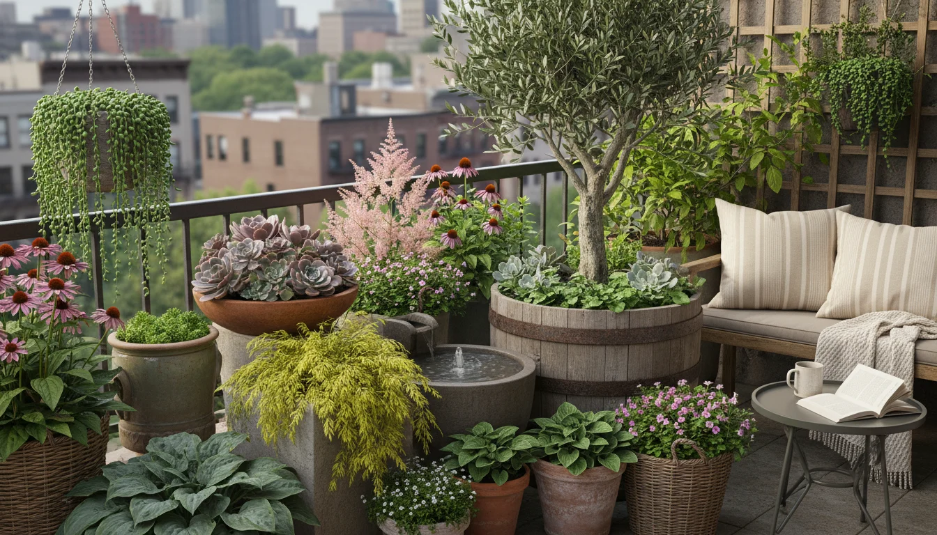 Elevated view of a lush balcony garden corner, showcasing varied container plants in diverse pots. Greens, purples, and silver foliage create a serene