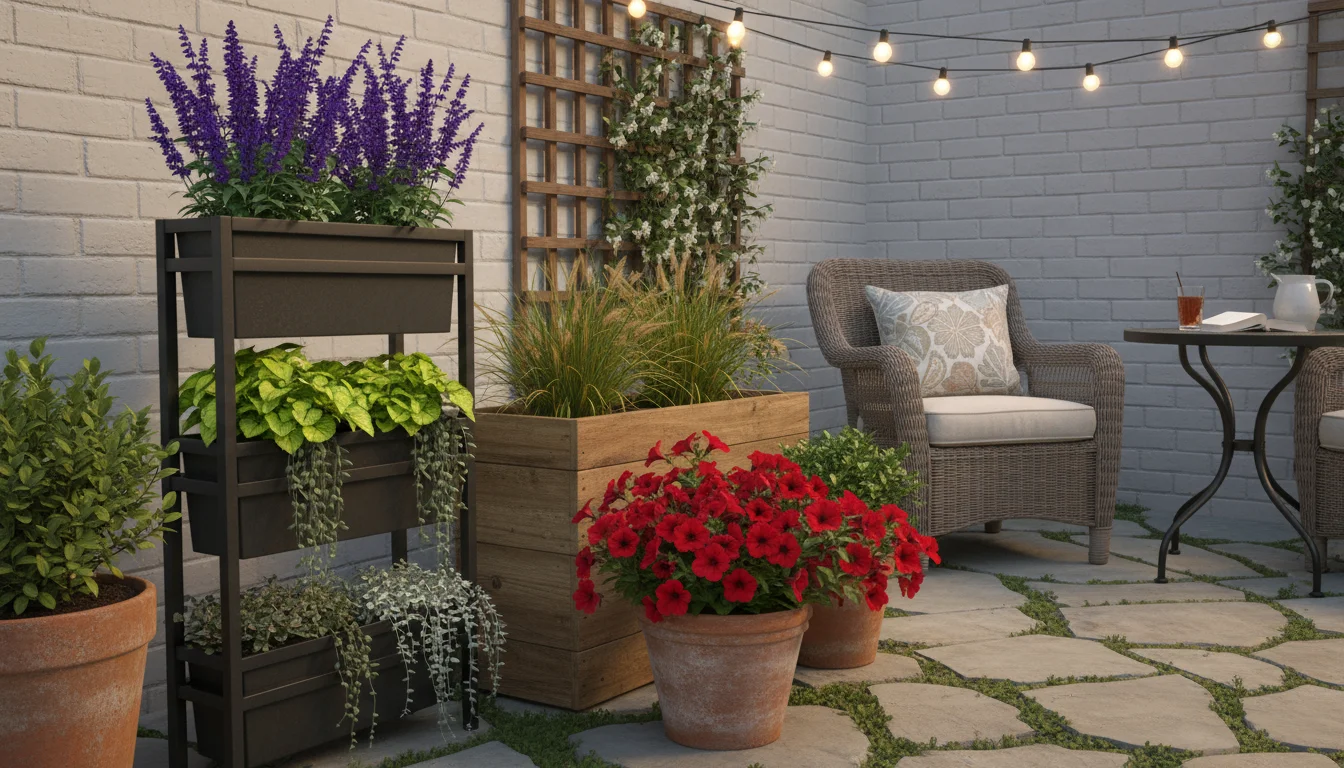 Lush balcony garden with red petunias, ornamental grass, purple salvia, and chartreuse coleus in diverse containers.