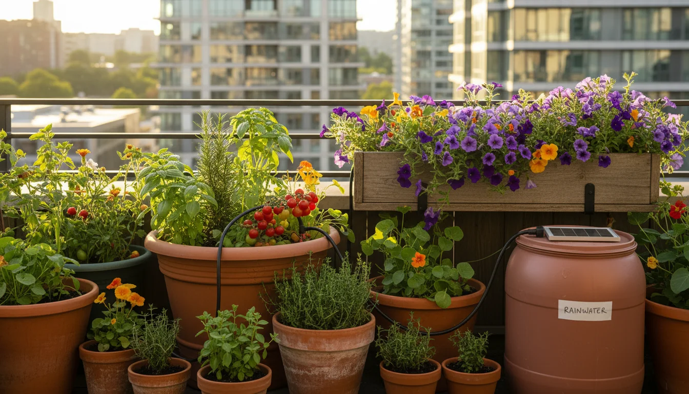 Lush balcony garden with various container plants, subtly connected by a simple DIY drip irrigation system ensuring consistent watering.
