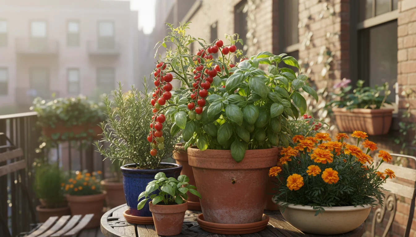 Lush basil and cherry tomato plants growing together in terracotta pots on an urban patio, surrounded by rosemary and marigolds.