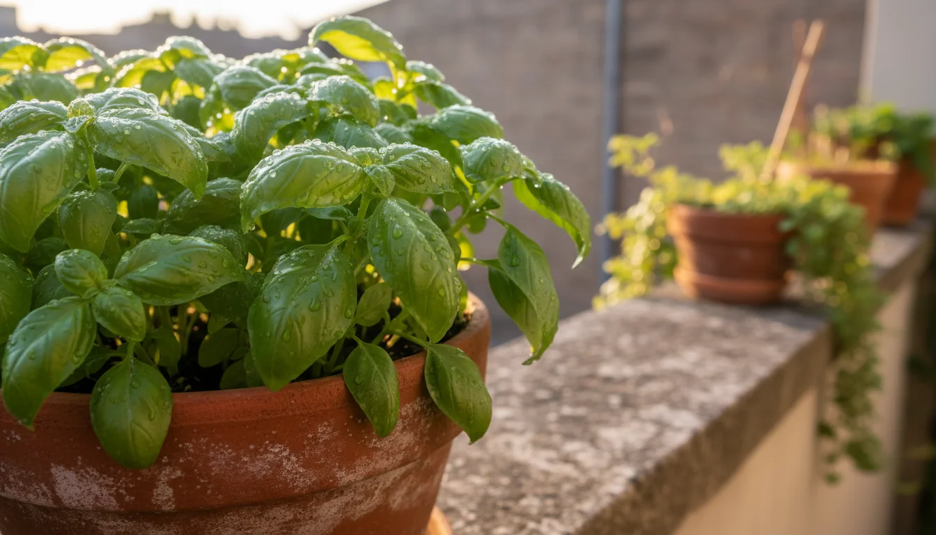 Lush basil leaves in a terracotta pot on a balcony ledge, glistening with neem oil solution under soft evening light, showing thorough treatment.