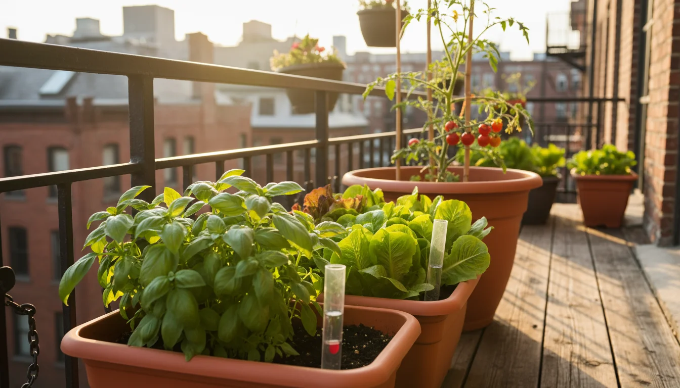 Lush basil, lettuce, and cherry tomatoes thrive in diverse self-watering containers on a sun-dappled urban balcony, highlighting effortless plant care
