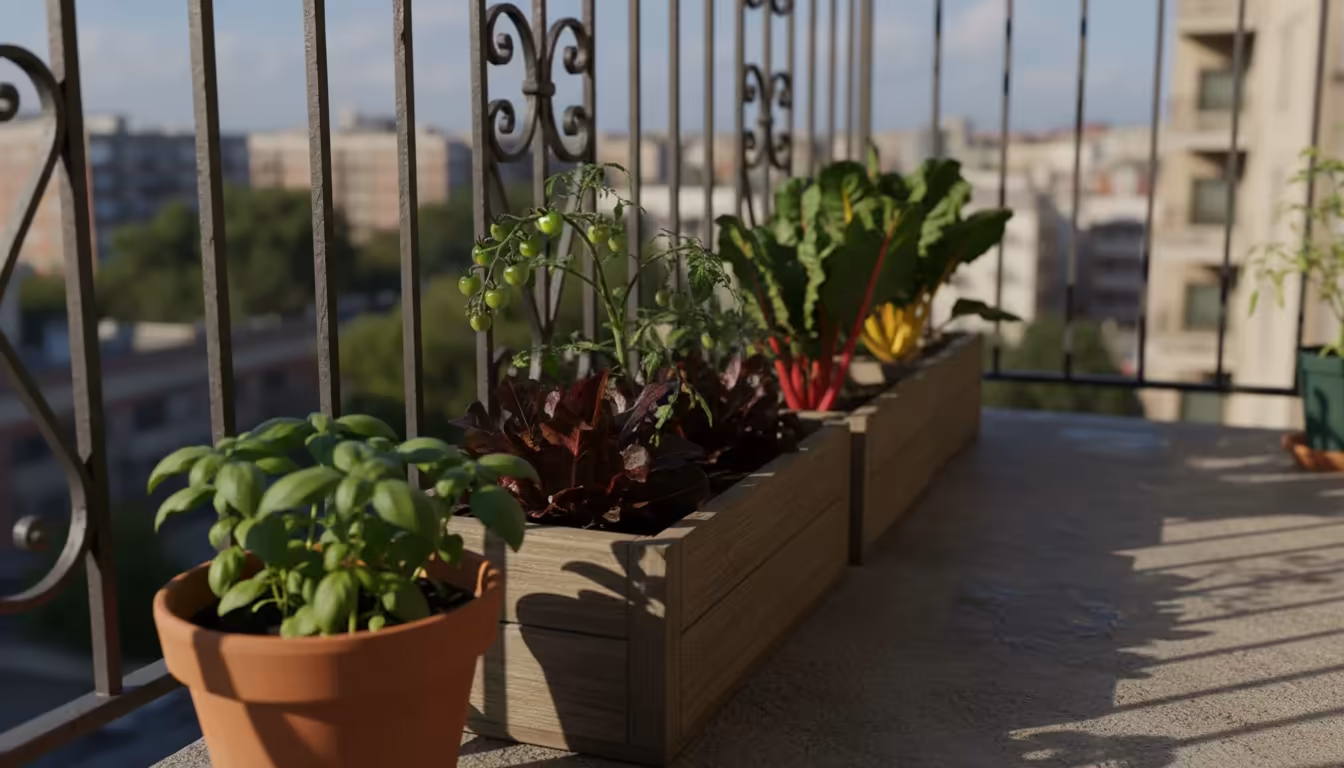 Lush basil in morning sun, vibrant leafy greens in dappled shade, and a small cherry tomato plant at the sun-shade transition on a balcony.