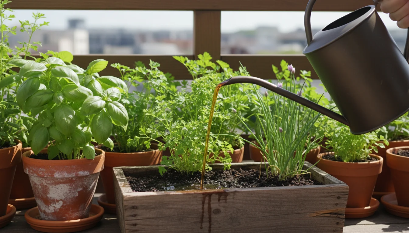 Lush basil, parsley, and chives grow in a mix of terra cotta pots and a wooden balcony box, being watered with dark 'kitchen scrap tea'.