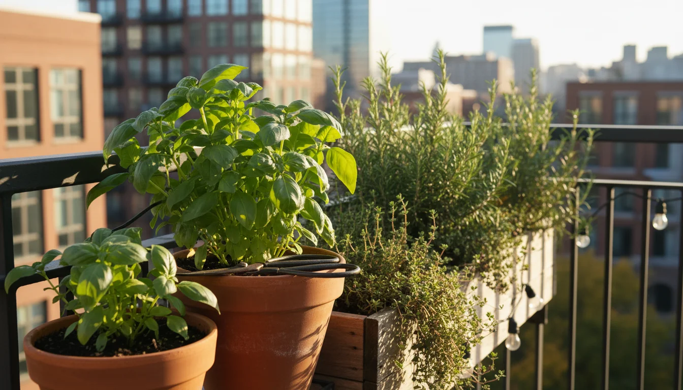 Lush basil, rosemary, and thyme growing in terracotta pots and a balcony planter on an urban balcony. Garden shears rest on a pot.