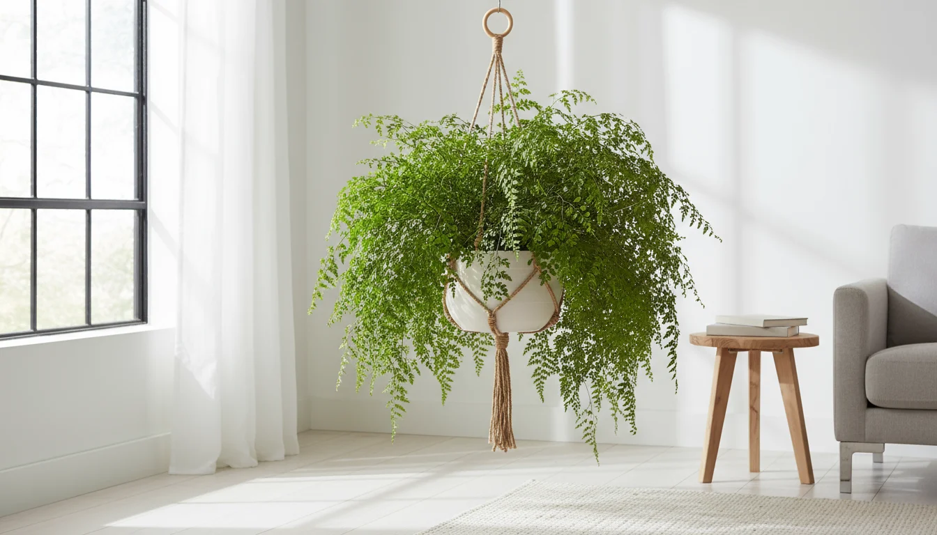 A lush Boston Fern with cascading, feathery fronds hangs in a white ceramic pot in a bright, minimalist living room corner.