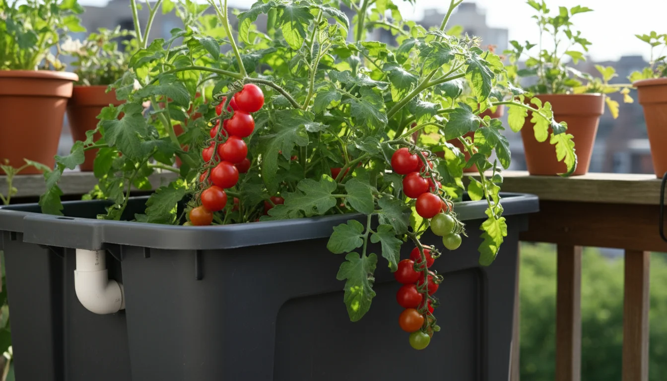 A lush cherry tomato plant with ripe fruit grows from a dark grey plastic storage tote self-watering planter on an urban balcony.