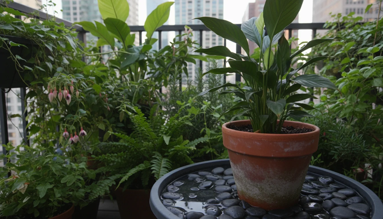 Lush container garden on a small balcony, with a potted fern on a pebble tray, grouped tightly to increase ambient humidity.