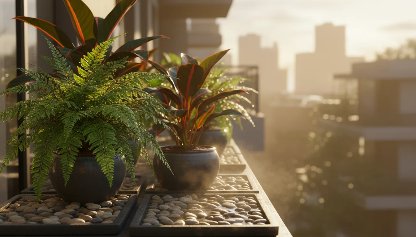 Close-up of lush container plants grouped on a small balcony, with pots sitting on pebble trays filled with water and stones, in soft morning light.