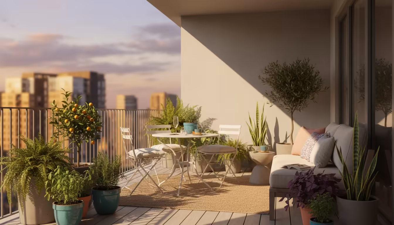 Lush container plants on a sun-drenched urban patio thrive under a discreet, light-colored shade cloth, providing essential afternoon protection.