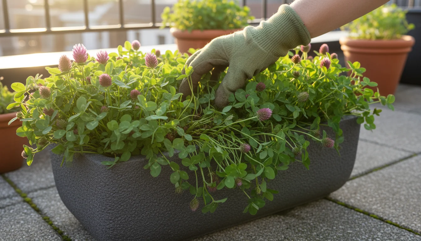 Lush crimson clover growing as green manure in a dark grey container on a modern urban patio, tended by a gloved hand.