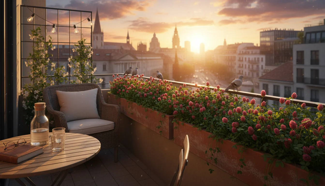 Lush crimson clover and vetch thriving in balcony planters, symbolizing natural soil enrichment on an urban patio at golden hour.