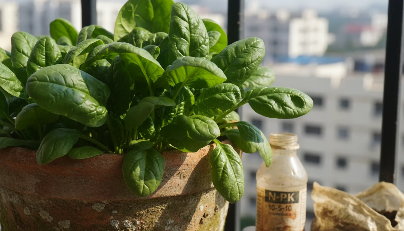 Close-up of lush, dark green spinach leaves in a terracotta pot on a balcony, with a subtly blurred fertilizer label.