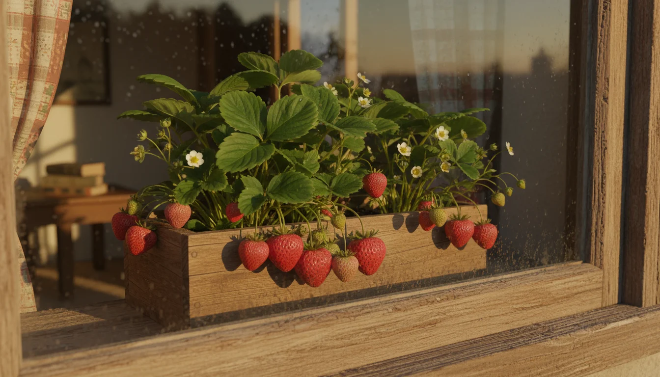 Lush day-neutral strawberry plants in a rustic window box, laden with red and green berries, thriving indoors against a blurred winter scene outside.