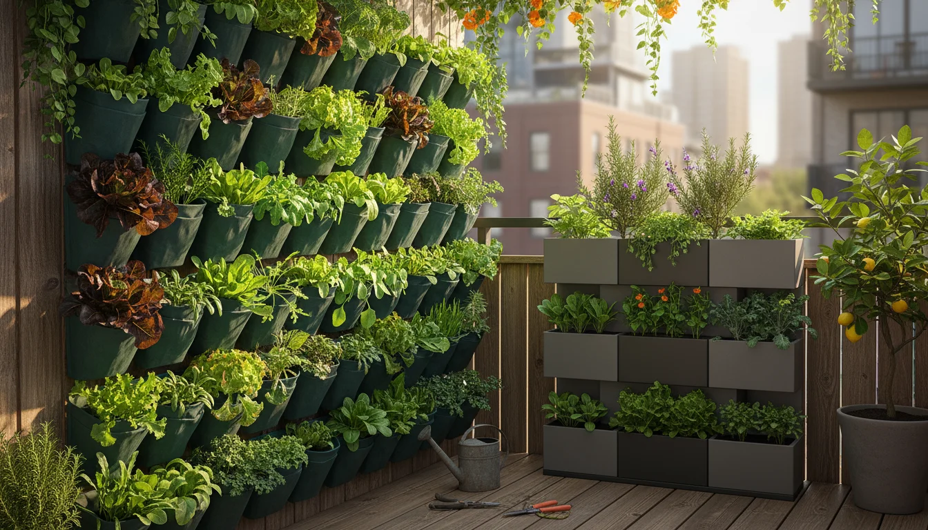 Lush fabric pocket planters and a tiered stackable system overflowing with various salad greens on a sunny urban balcony wall.
