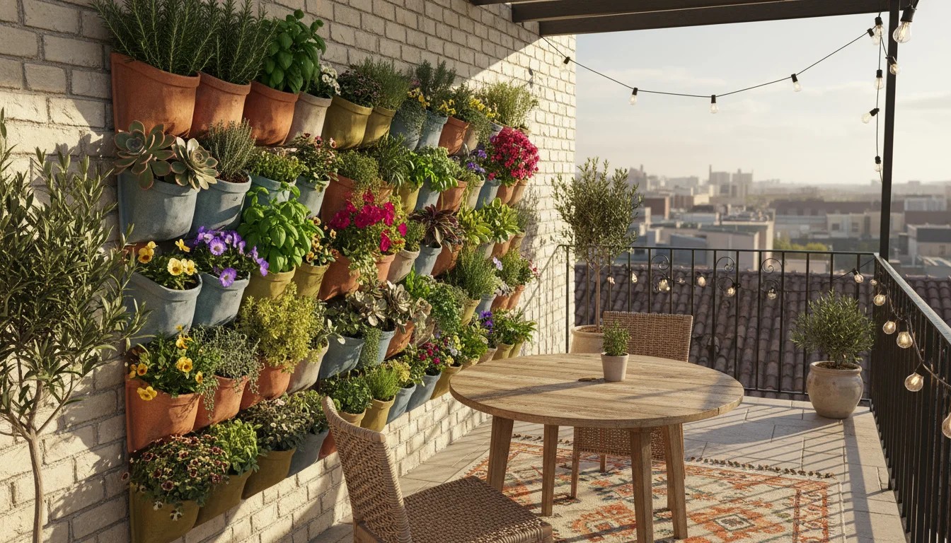 Lush fabric pocket vertical garden on a brick wall, alongside a dark tiered metal planter with cascading plants on a sunny small patio.
