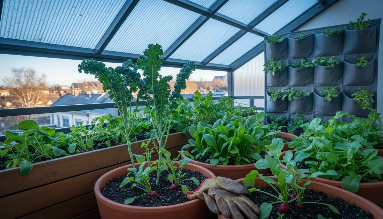 Lush fall container garden on a balcony. Terracotta pots, wood planter, fabric vertical garden with kale, spinach, radishes. Soft autumn light.