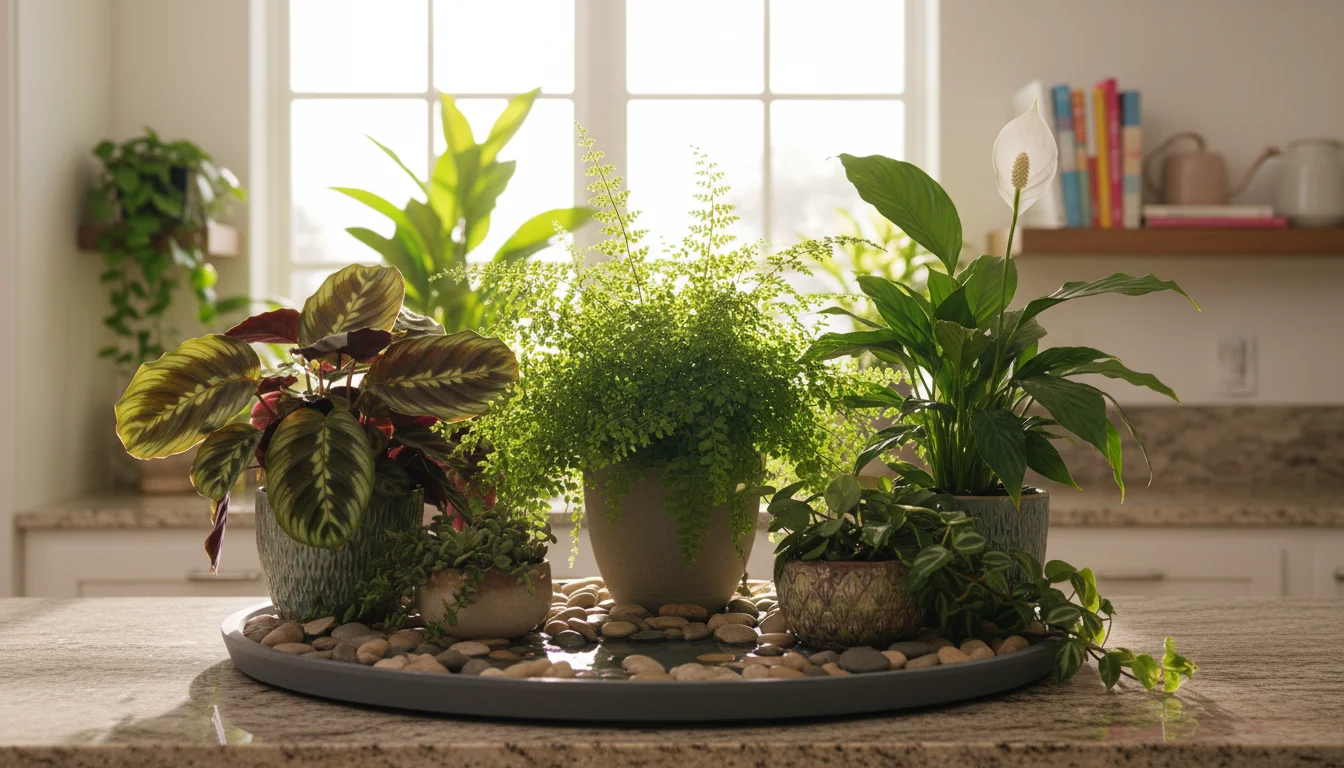 Lush fern, calathea, and peace lily grouped on a pebble tray on a kitchen counter. A succulent sits separately on a shelf.