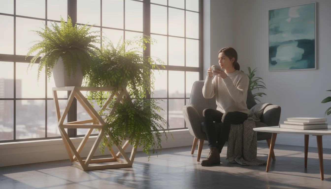 Medium shot of lush ferns on a plant stand by a window in an urban apartment, bathed in soft winter sunlight.