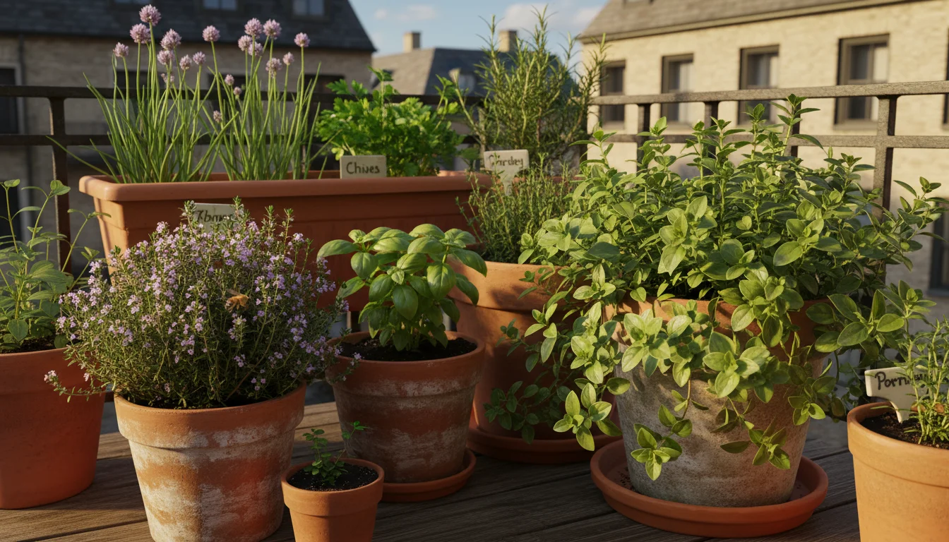 Lush Greek oregano, thyme, and rosemary thrive in various terracotta pots on a sunny balcony. A hand harvests oregano.